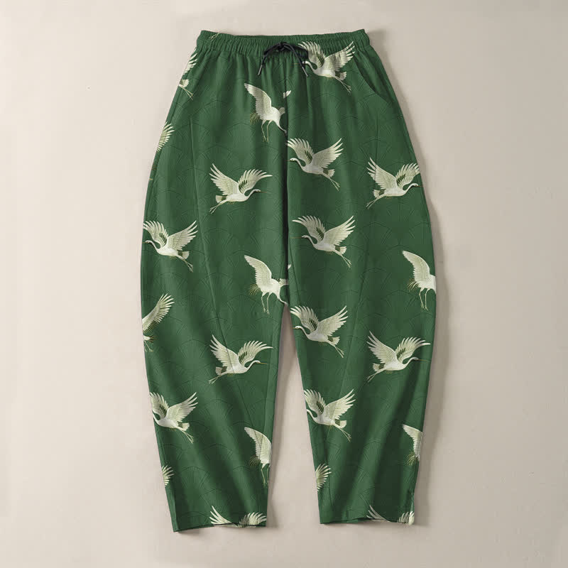 Buddha Stones Pantaloni da uomo affusolati in puro cotone con motivo gru volanti bianche e coulisse, con tasche. - image 13