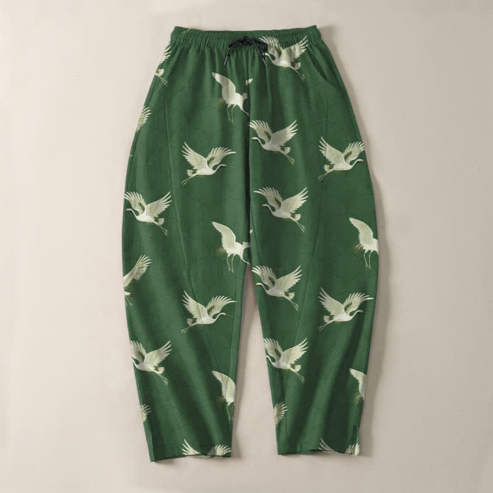 Buddha Stones Pantaloni da uomo affusolati in puro cotone con motivo gru volanti bianche e coulisse, con tasche. - image 13