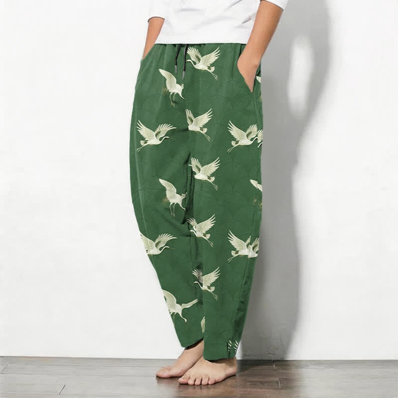 Buddha Stones Pantaloni da uomo affusolati in puro cotone con motivo gru volanti bianche e coulisse, con tasche. - image 12