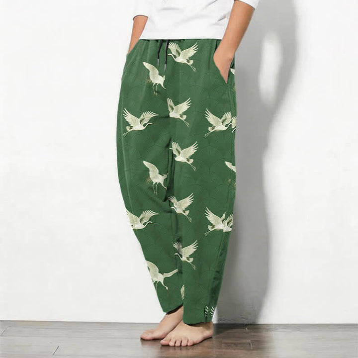 Buddha Stones Pantaloni da uomo affusolati in puro cotone con motivo gru volanti bianche e coulisse, con tasche. - image 12