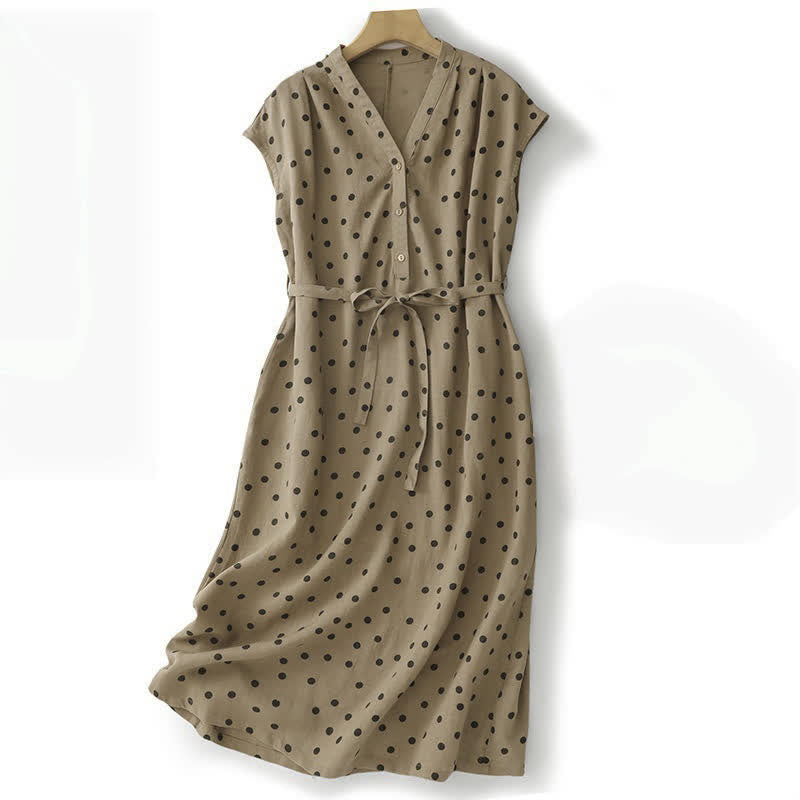 Abito midi da donna in cotone e lino con tasche, a pois estivi, con scollo a V e lacci, Buddha Stones - Tan - US14, UK/AU18, EU46 (2XL) - image 0