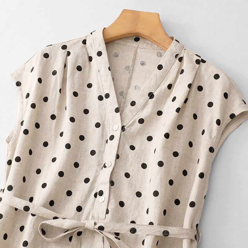 Abito midi da donna in cotone e lino con tasche, a pois estivi, con scollo a V e lacci, Buddha Stones - image 10