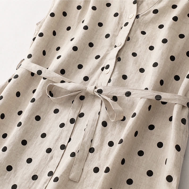 Abito midi da donna in cotone e lino con tasche, a pois estivi, con scollo a V e lacci, Buddha Stones - image 15