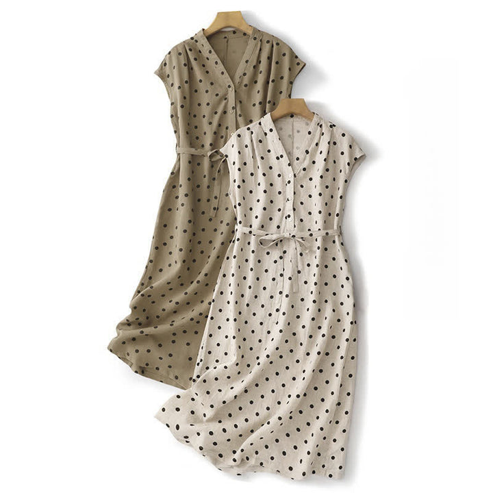 Abito midi da donna in cotone e lino con tasche, a pois estivi, con scollo a V e lacci, Buddha Stones - image 20