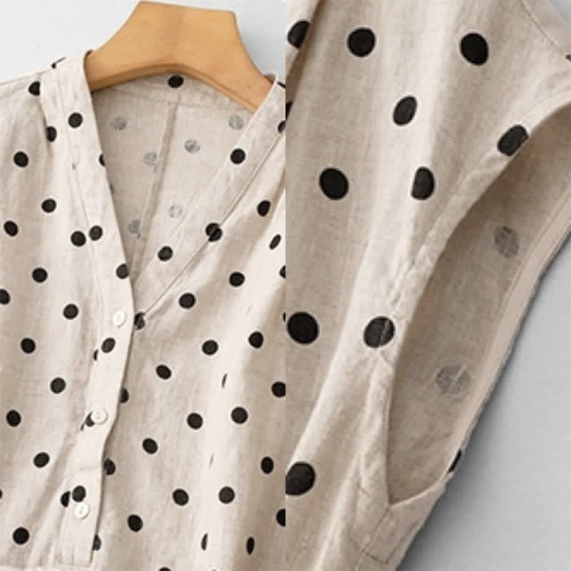 Abito midi da donna in cotone e lino con tasche, a pois estivi, con scollo a V e lacci, Buddha Stones - image 16