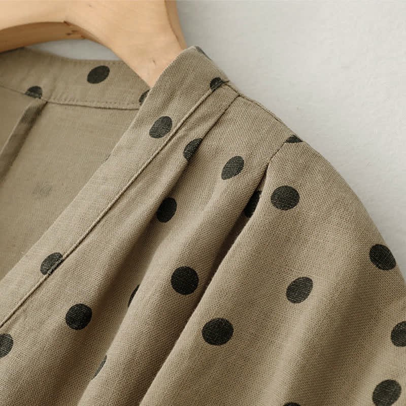 Abito midi da donna in cotone e lino con tasche, a pois estivi, con scollo a V e lacci, Buddha Stones - image 2