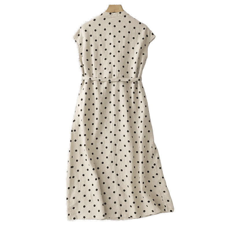 Abito midi da donna in cotone e lino con tasche, a pois estivi, con scollo a V e lacci, Buddha Stones - image 9