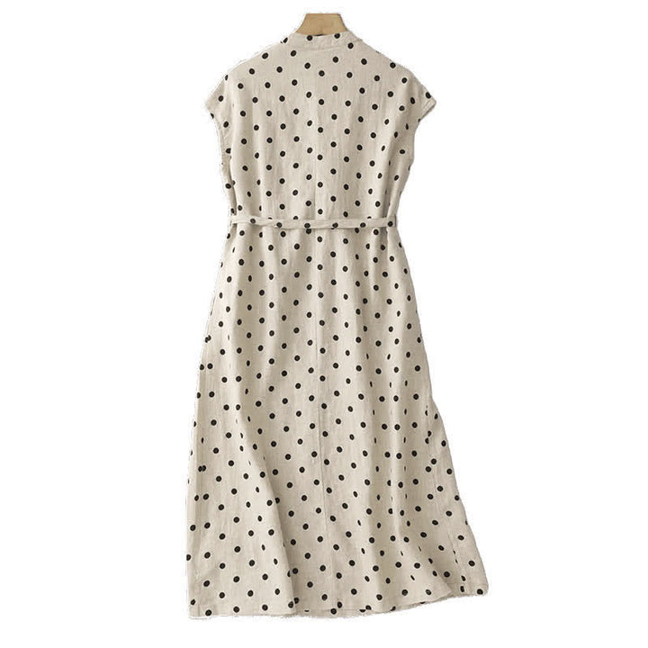 Abito midi da donna in cotone e lino con tasche, a pois estivi, con scollo a V e lacci, Buddha Stones - image 9