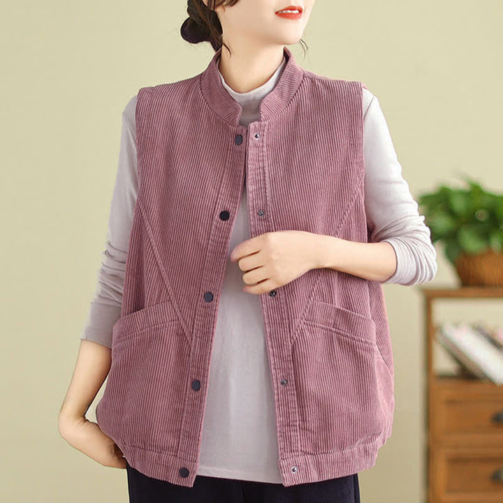 Gilet in velluto a coste di cotone Buddha Stones, senza maniche, da donna, con tasche - image 9