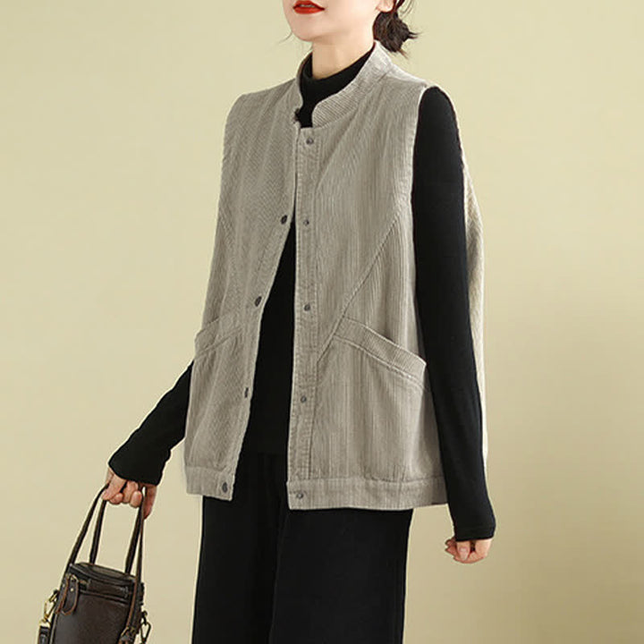 Gilet in velluto a coste di cotone Buddha Stones, senza maniche, da donna, con tasche - image 1