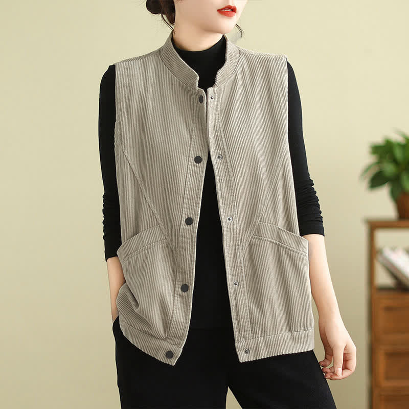 Gilet in velluto a coste di cotone Buddha Stones, senza maniche, da donna, con tasche - Beige - US8-10, UK/AU12-14, EU40-42 (2XL) - image 0