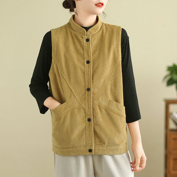 Gilet in velluto a coste di cotone Buddha Stones, senza maniche, da donna, con tasche - Verga d'oro - US8-10, UK/AU12-14, EU40-42 (2XL) - image 14