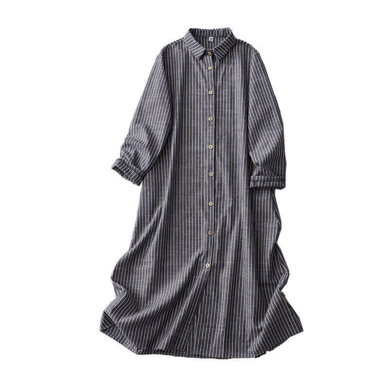 Abito midi in lino e cotone con tasche, maniche lunghe, risvolto e righe bianche, Buddha Stones LightSteelBlue - image 10