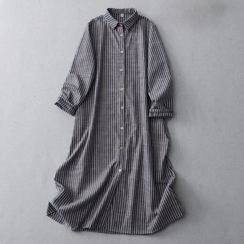Abito midi in lino e cotone con tasche, maniche lunghe, risvolto e righe bianche, Buddha Stones LightSteelBlue - Blu acciaio chiaro - US14, UK/AU18, EU46 (2XL) - image 0
