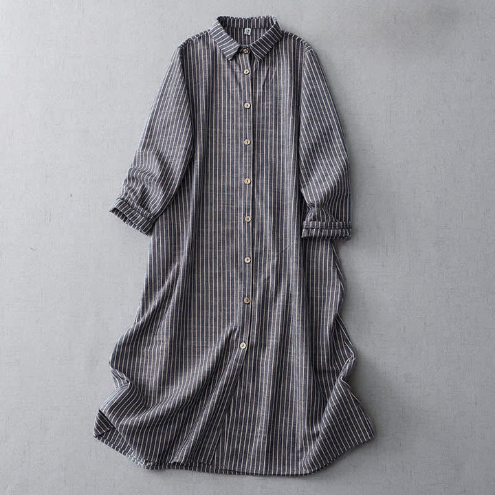 Abito midi in lino e cotone con tasche, maniche lunghe, risvolto e righe bianche, Buddha Stones LightSteelBlue - Blu acciaio chiaro - US14, UK/AU18, EU46 (2XL) - image 0