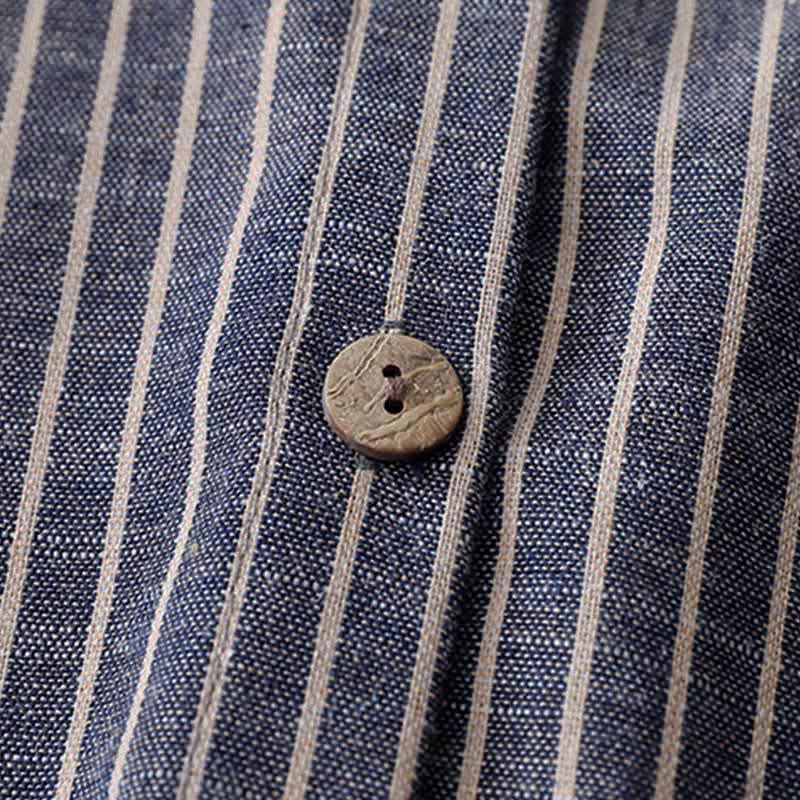 Abito midi in lino e cotone con tasche, maniche lunghe, risvolto e righe bianche, Buddha Stones LightSteelBlue - image 4