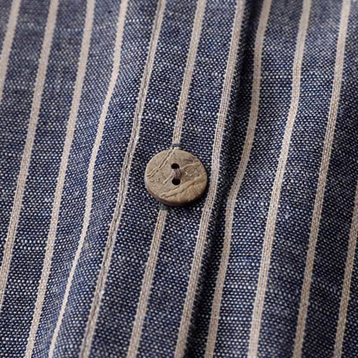Abito midi in lino e cotone con tasche, maniche lunghe, risvolto e righe bianche, Buddha Stones LightSteelBlue - image 4