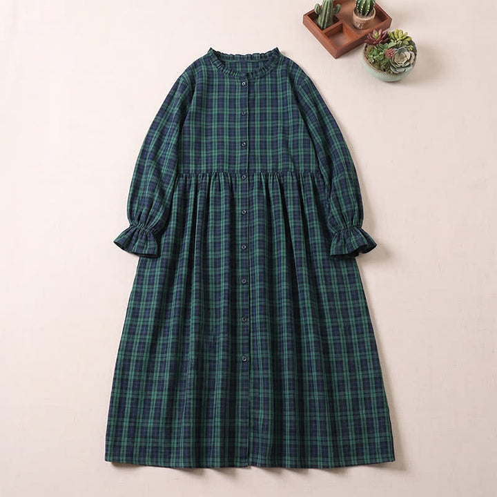 Abito midi a maniche lunghe con motivo a quadri, bottoni semplici, volant e tasche, motivo Buddha Stones - Quadri neri e verde scuro - US8-10, UK/AU12-14, EU40-42 (2XL) - image 0