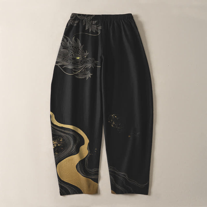 Buddha Stones Pantaloni da uomo affusolati con coulisse e tasche, in puro cotone, con motivo a onde e nuvole di drago dorato. - image 3