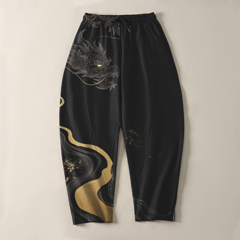Buddha Stones Pantaloni da uomo affusolati con coulisse e tasche, in puro cotone, con motivo a onde e nuvole di drago dorato. - image 2
