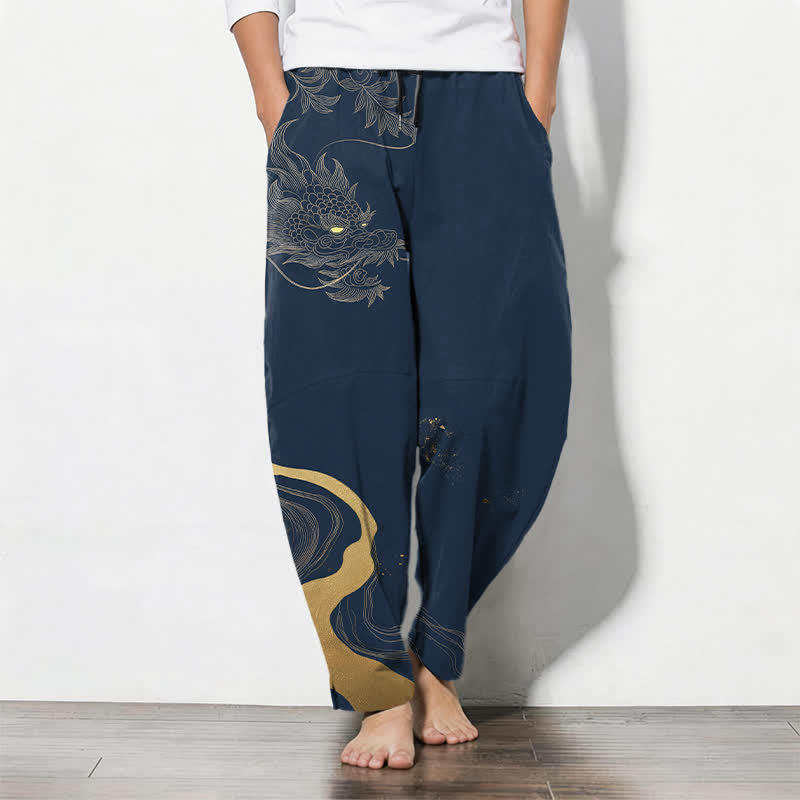 Buddha Stones Pantaloni da uomo affusolati con coulisse e tasche, in puro cotone, con motivo a onde e nuvole di drago dorato. - Marina - US/UK/AU50, EU60 (5XL) - image 7