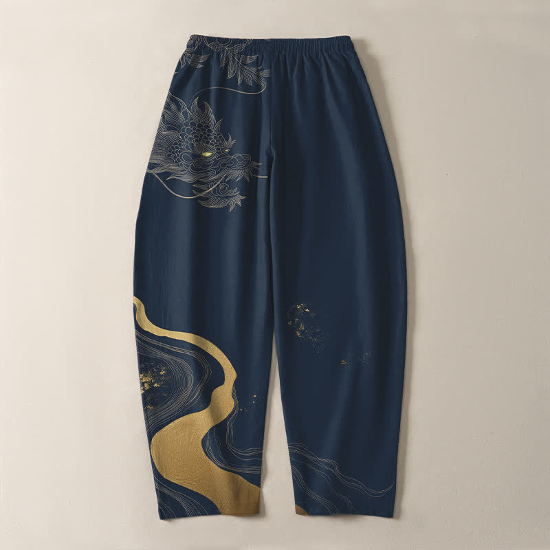 Buddha Stones Pantaloni da uomo affusolati con coulisse e tasche, in puro cotone, con motivo a onde e nuvole di drago dorato. - image 10