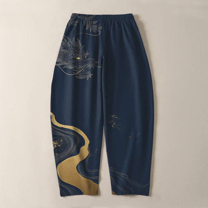 Buddha Stones Pantaloni da uomo affusolati con coulisse e tasche, in puro cotone, con motivo a onde e nuvole di drago dorato. - image 10