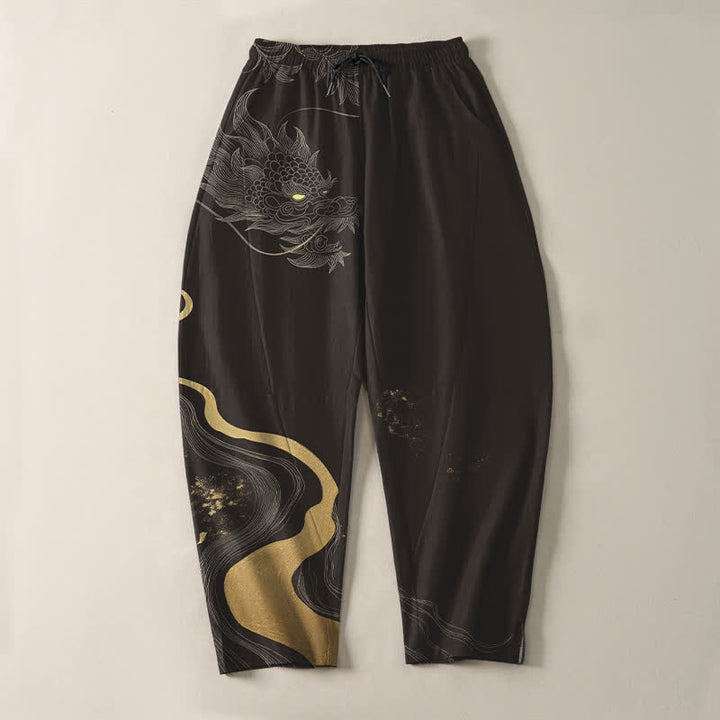 Buddha Stones Pantaloni da uomo affusolati con coulisse e tasche, in puro cotone, con motivo a onde e nuvole di drago dorato. - image 13