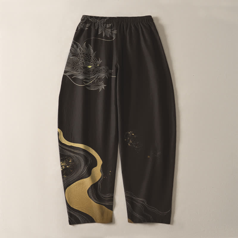 Buddha Stones Pantaloni da uomo affusolati con coulisse e tasche, in puro cotone, con motivo a onde e nuvole di drago dorato. - image 14