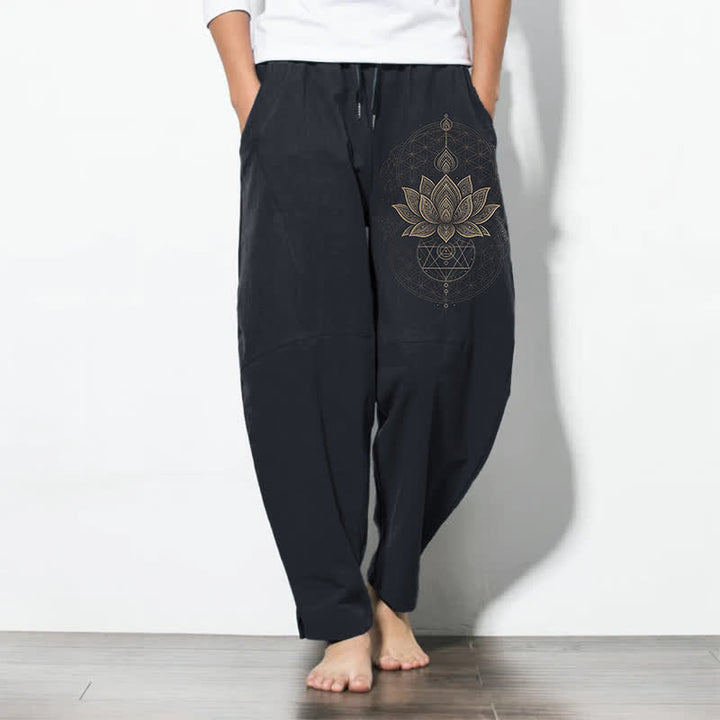 Buddha Stones Pantaloni da uomo affusolati con coulisse e tasche, in puro cotone, con motivo geometrico a mandala di loto. - Marina - US/UK/AU50, EU60 (5XL) - image 11