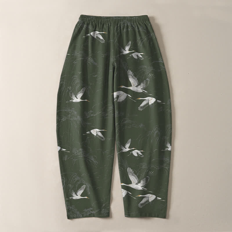 Buddha Stones Pantaloni da uomo affusolati in puro cotone bianco con motivo a gru e pino, con coulisse e tasche. - image 10
