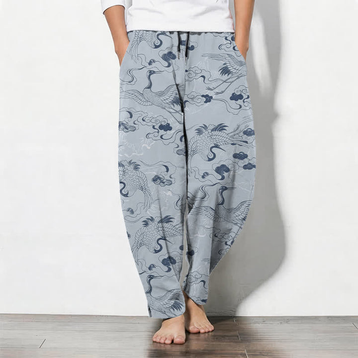 Buddha Stones Pantaloni da uomo affusolati con coulisse e tasche, in puro cotone, con motivo gru e nuvole. - Blu acciaio chiaro - US/UK/AU50, EU60 (5XL) - image 0