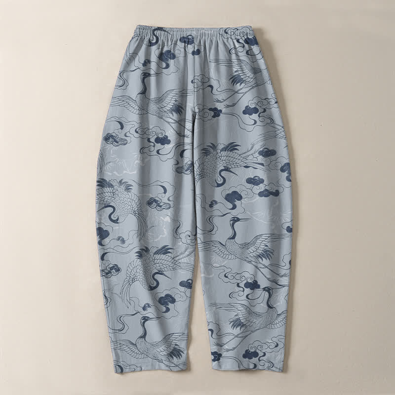 Buddha Stones Pantaloni da uomo affusolati con coulisse e tasche, in puro cotone, con motivo gru e nuvole. - image 3