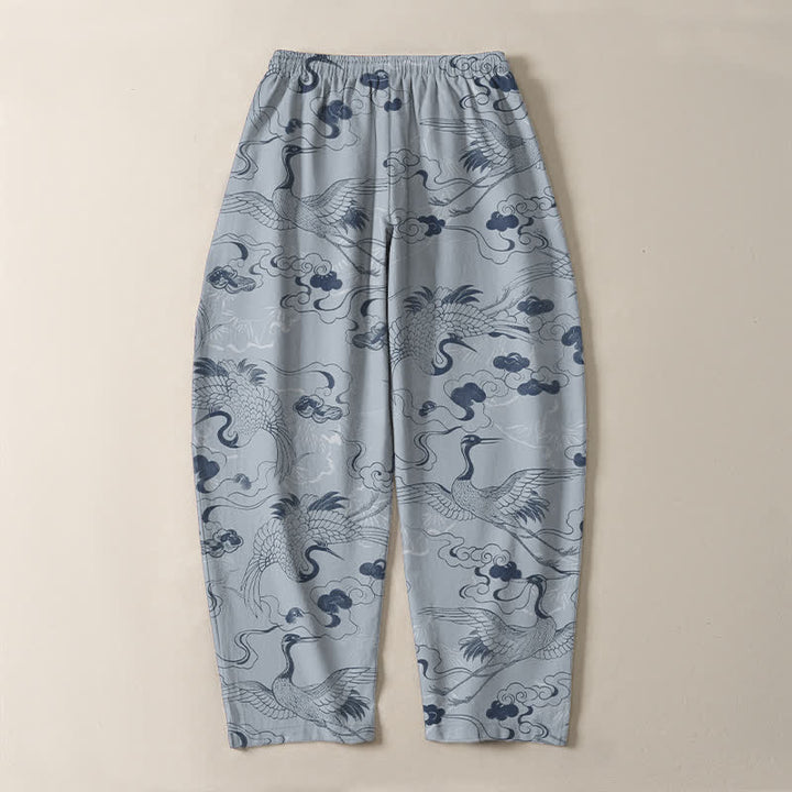 Buddha Stones Pantaloni da uomo affusolati con coulisse e tasche, in puro cotone, con motivo gru e nuvole. - image 3