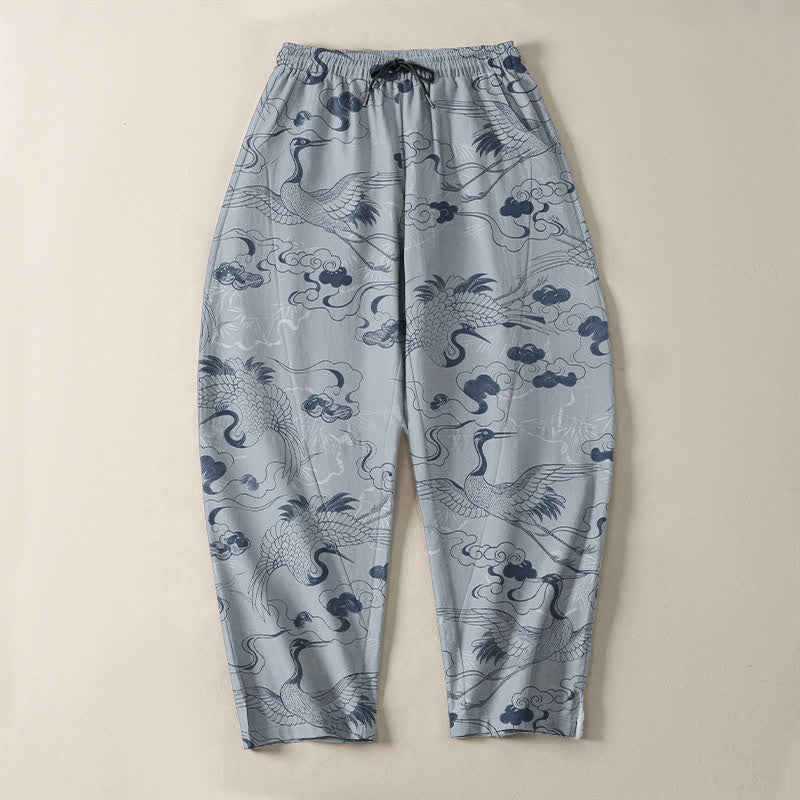Buddha Stones Pantaloni da uomo affusolati con coulisse e tasche, in puro cotone, con motivo gru e nuvole. - image 2