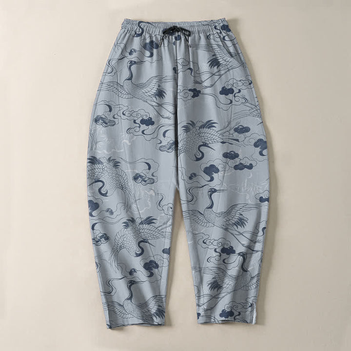 Buddha Stones Pantaloni da uomo affusolati con coulisse e tasche, in puro cotone, con motivo gru e nuvole. - image 2