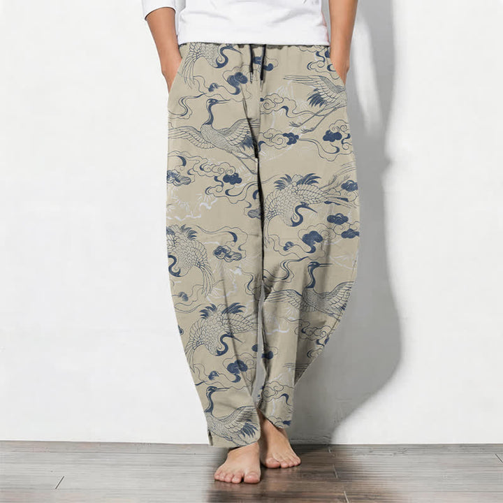 Buddha Stones Pantaloni da uomo affusolati con coulisse e tasche, in puro cotone, con motivo gru e nuvole. - Beige - US/UK/AU50, EU60 (5XL) - image 7