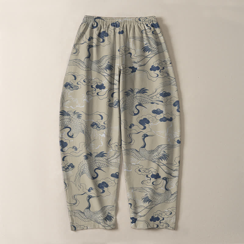 Buddha Stones Pantaloni da uomo affusolati con coulisse e tasche, in puro cotone, con motivo gru e nuvole. - image 10