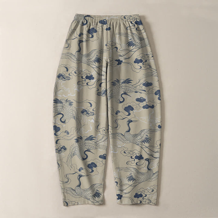 Buddha Stones Pantaloni da uomo affusolati con coulisse e tasche, in puro cotone, con motivo gru e nuvole. - image 10