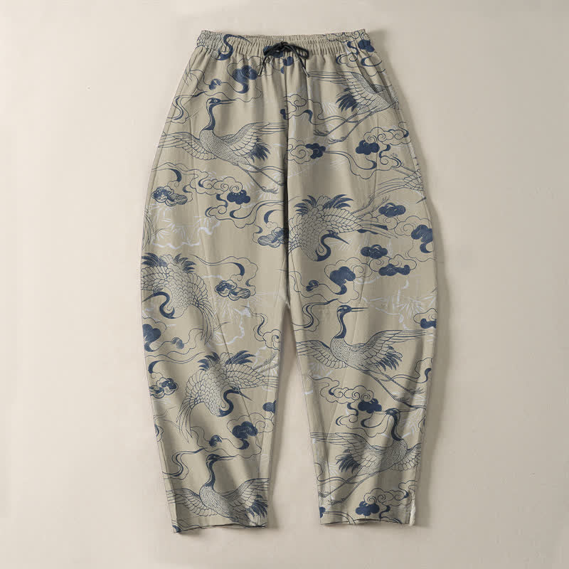 Buddha Stones Pantaloni da uomo affusolati con coulisse e tasche, in puro cotone, con motivo gru e nuvole. - image 9