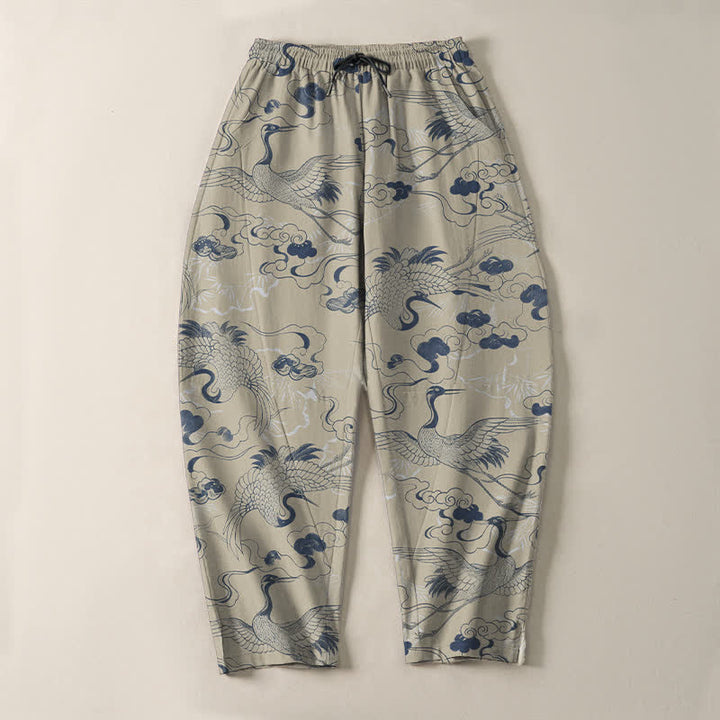 Buddha Stones Pantaloni da uomo affusolati con coulisse e tasche, in puro cotone, con motivo gru e nuvole. - image 9