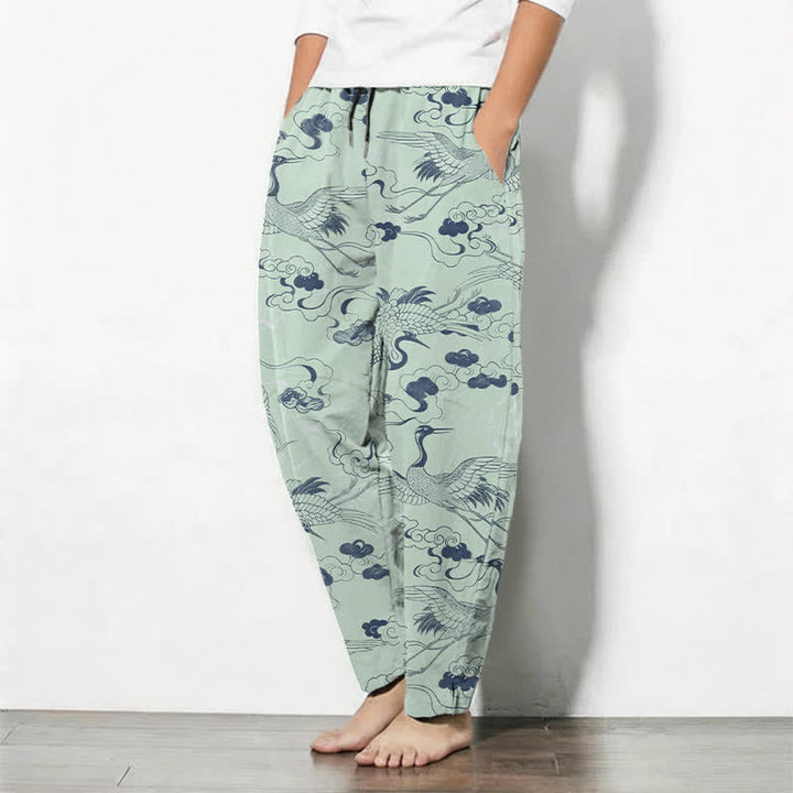 Buddha Stones Pantaloni da uomo affusolati con coulisse e tasche, in puro cotone, con motivo gru e nuvole. - image 12
