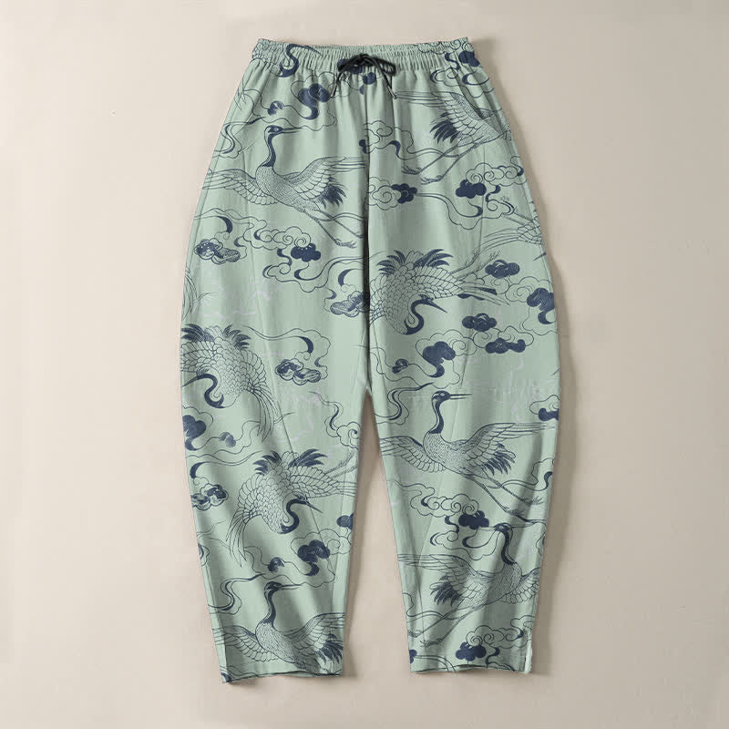 Buddha Stones Pantaloni da uomo affusolati con coulisse e tasche, in puro cotone, con motivo gru e nuvole. - image 13