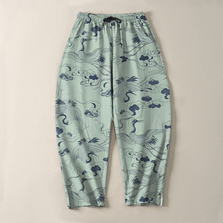 Buddha Stones Pantaloni da uomo affusolati con coulisse e tasche, in puro cotone, con motivo gru e nuvole. - image 13