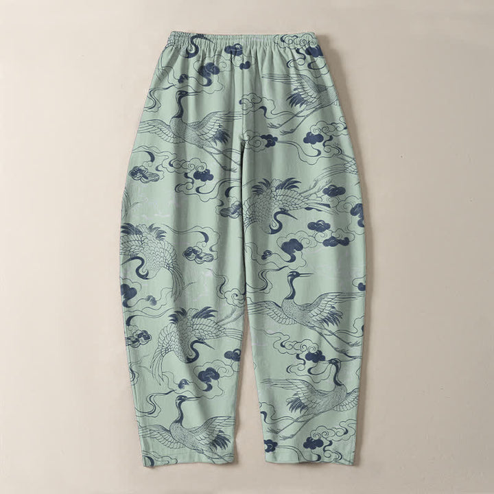 Buddha Stones Pantaloni da uomo affusolati con coulisse e tasche, in puro cotone, con motivo gru e nuvole. - image 14