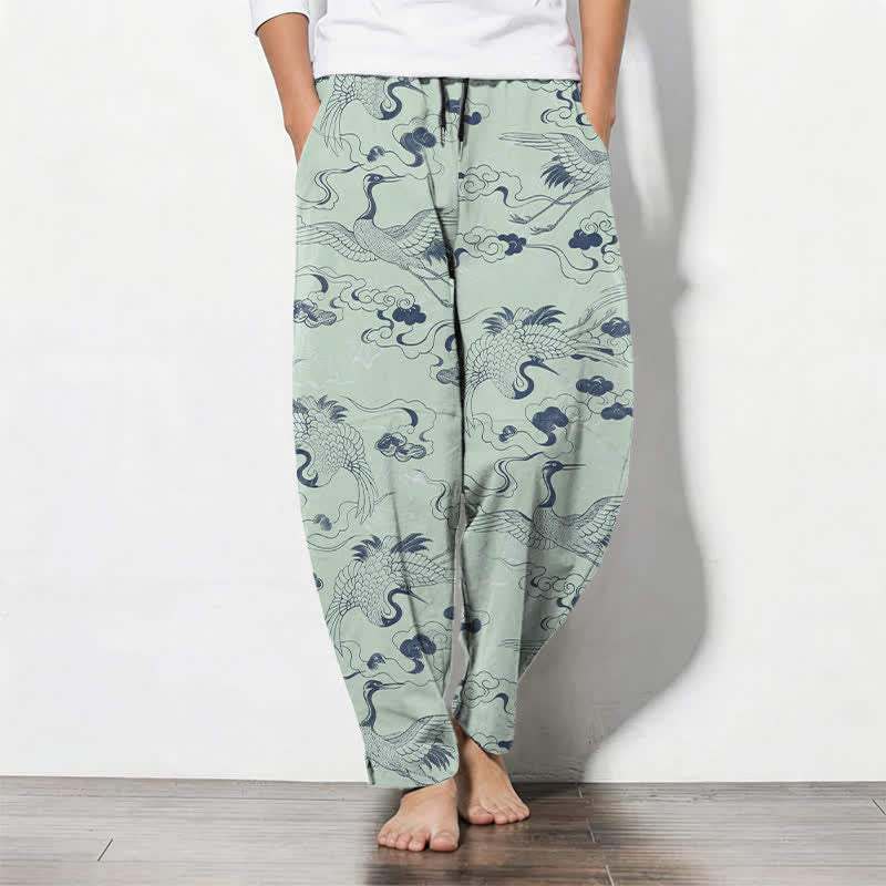 Buddha Stones Pantaloni da uomo affusolati con coulisse e tasche, in puro cotone, con motivo gru e nuvole. - Verde pallido - US/UK/AU50, EU60 (5XL) - image 11