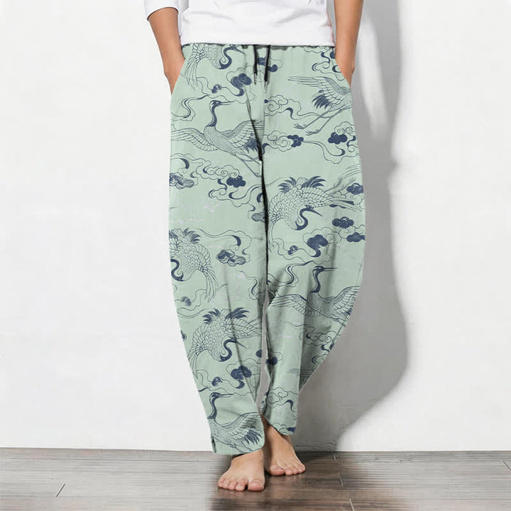 Buddha Stones Pantaloni da uomo affusolati con coulisse e tasche, in puro cotone, con motivo gru e nuvole. - Verde pallido - US/UK/AU50, EU60 (5XL) - image 11