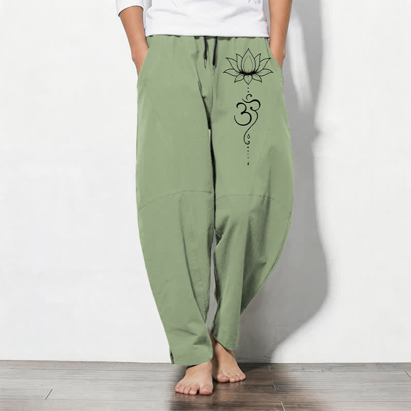 Buddha Stones Pantaloni da uomo affusolati in puro cotone con motivo loto Om e coulisse, con tasche. - Verde pallido - US/UK/AU50, EU60 (5XL) - image 7
