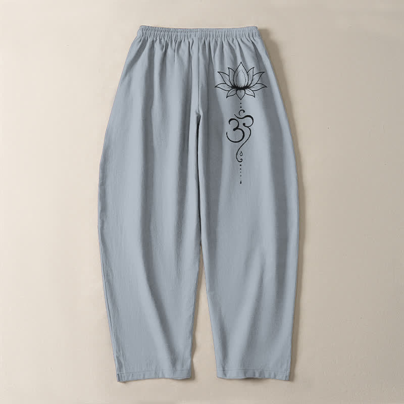 Buddha Stones Pantaloni da uomo affusolati in puro cotone con motivo loto Om e coulisse, con tasche. - image 14