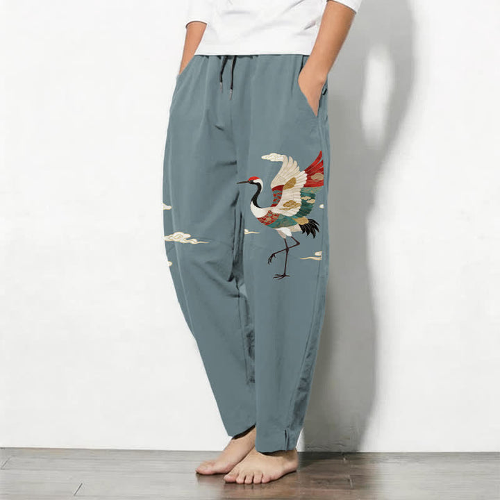 Buddha Stones Pantaloni da uomo affusolati con coulisse e tasche, in puro cotone multicolore con motivo gru e nuvole. - image 1